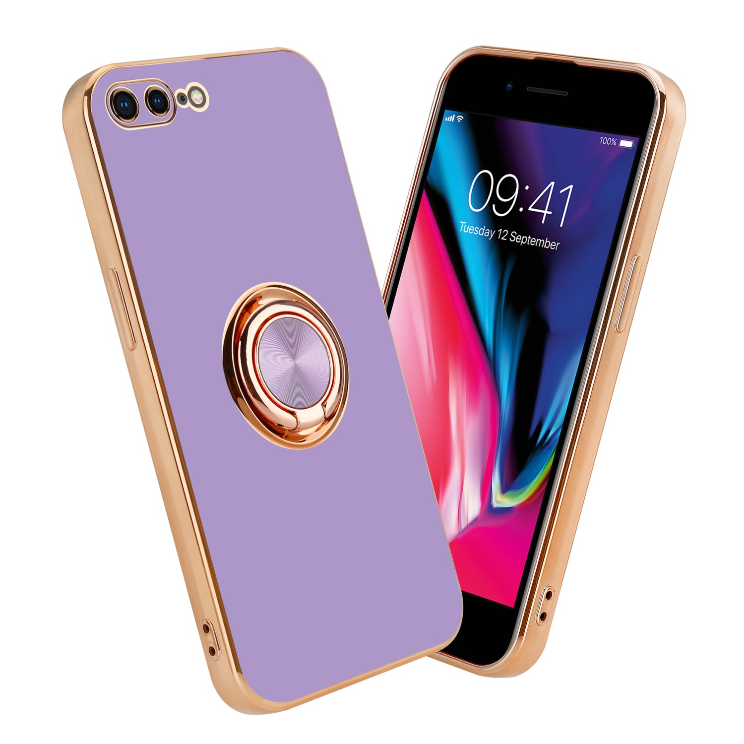 Lila Handyhülle und Handy. Hülle hat Ring. Handy hat Goldrahmen und Goldring. Goldfarbe.