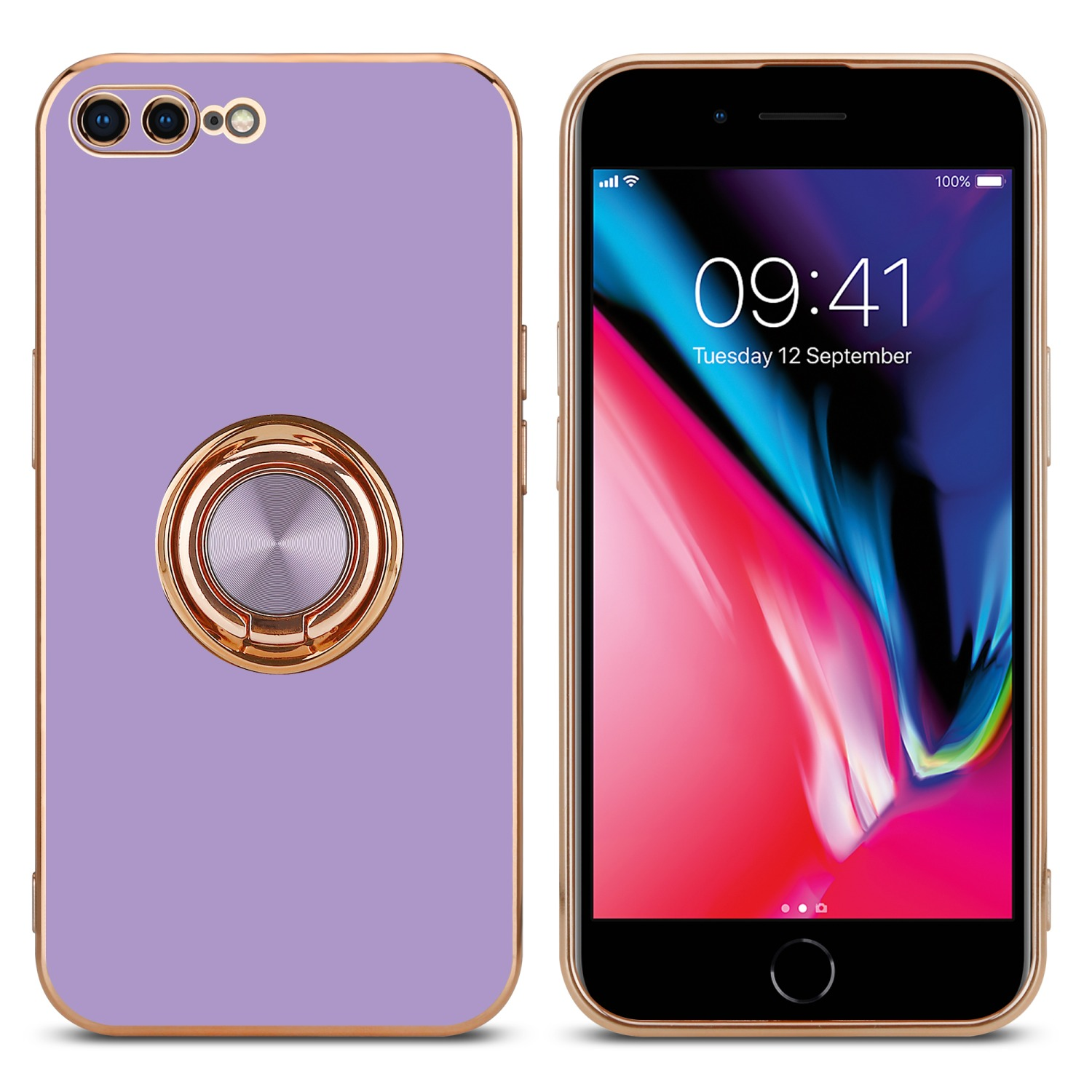 Zwei Handyhüllen, eine links mit Goldring und ein Handy rechts, das die Uhrzeit anzeigt.