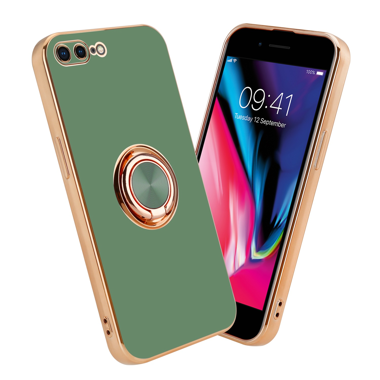 Zwei Handyhüllen. Eine grün mit Ring. Eine goldrandig mit Telefonbildschirm.