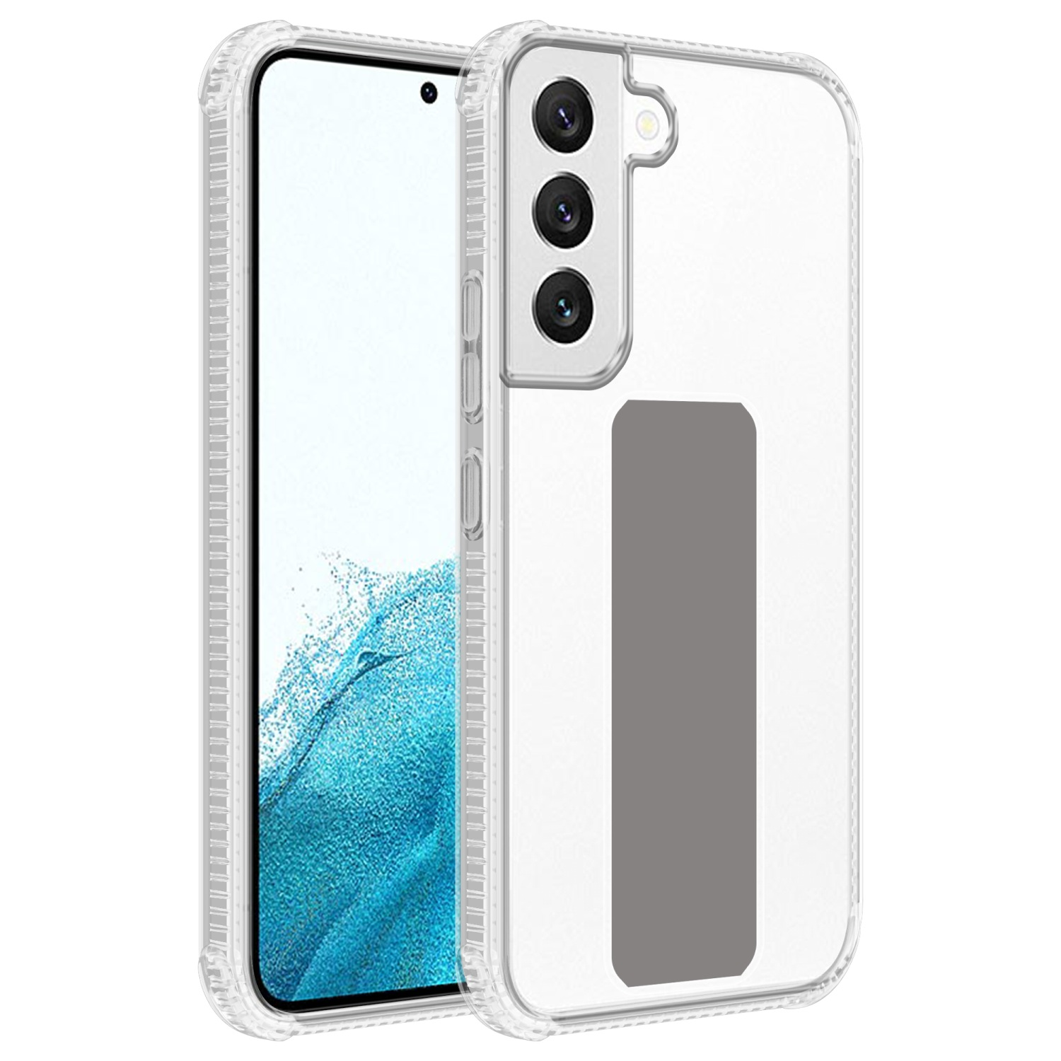 Transparente Handyhülle mit schwarzem Handy. Die Hülle hat einen grauen Griff. Der Bildschirm zeigt ein blaues Bild.