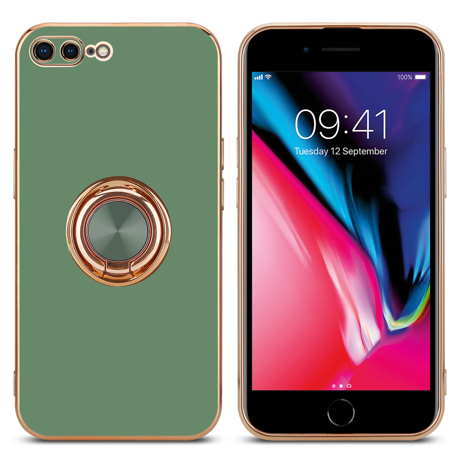 Handyhülle auf weißem Hintergrund mit Ringhalter und Telefon.