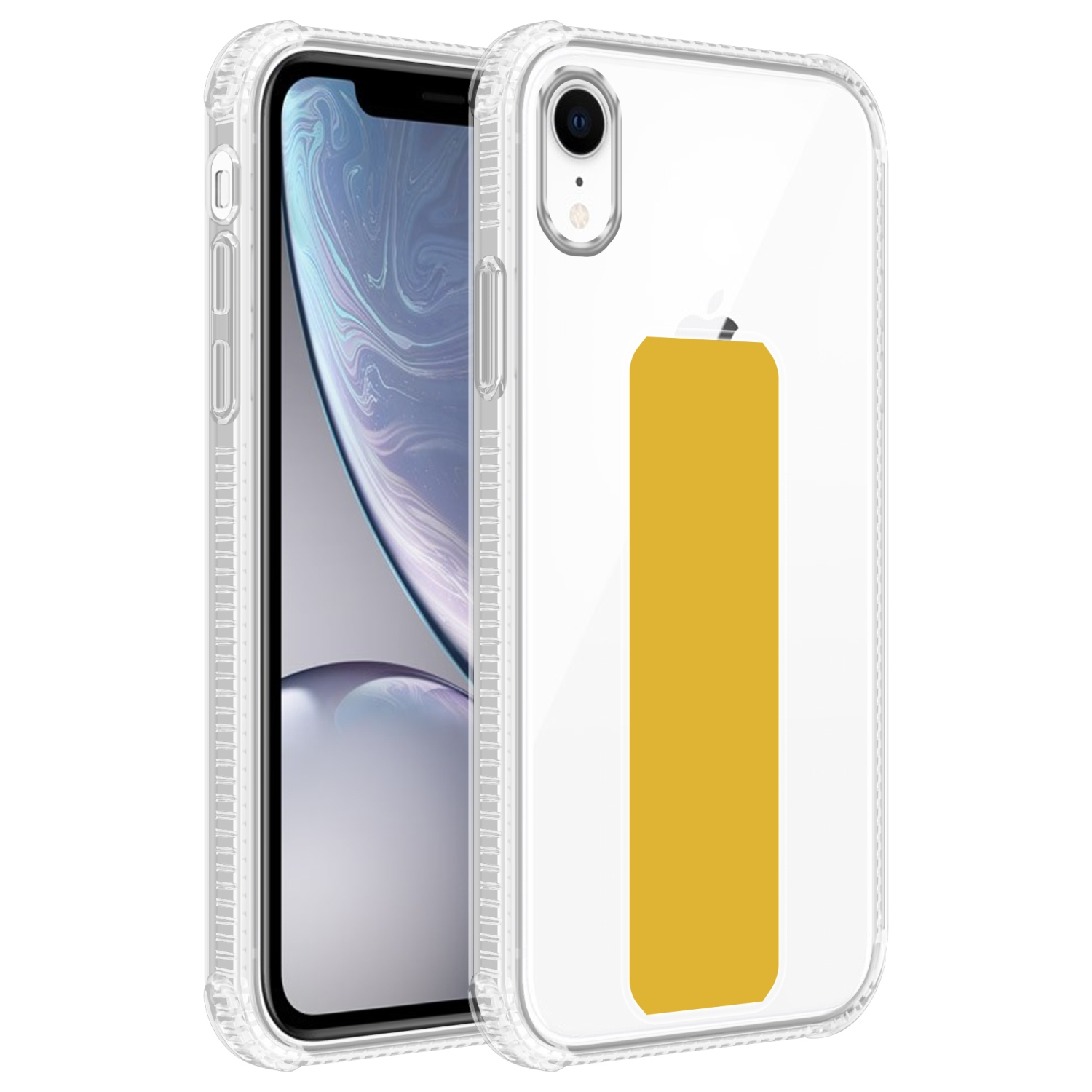Transparente Handyhülle mit gelbem Rechteck und Handybildschirm.