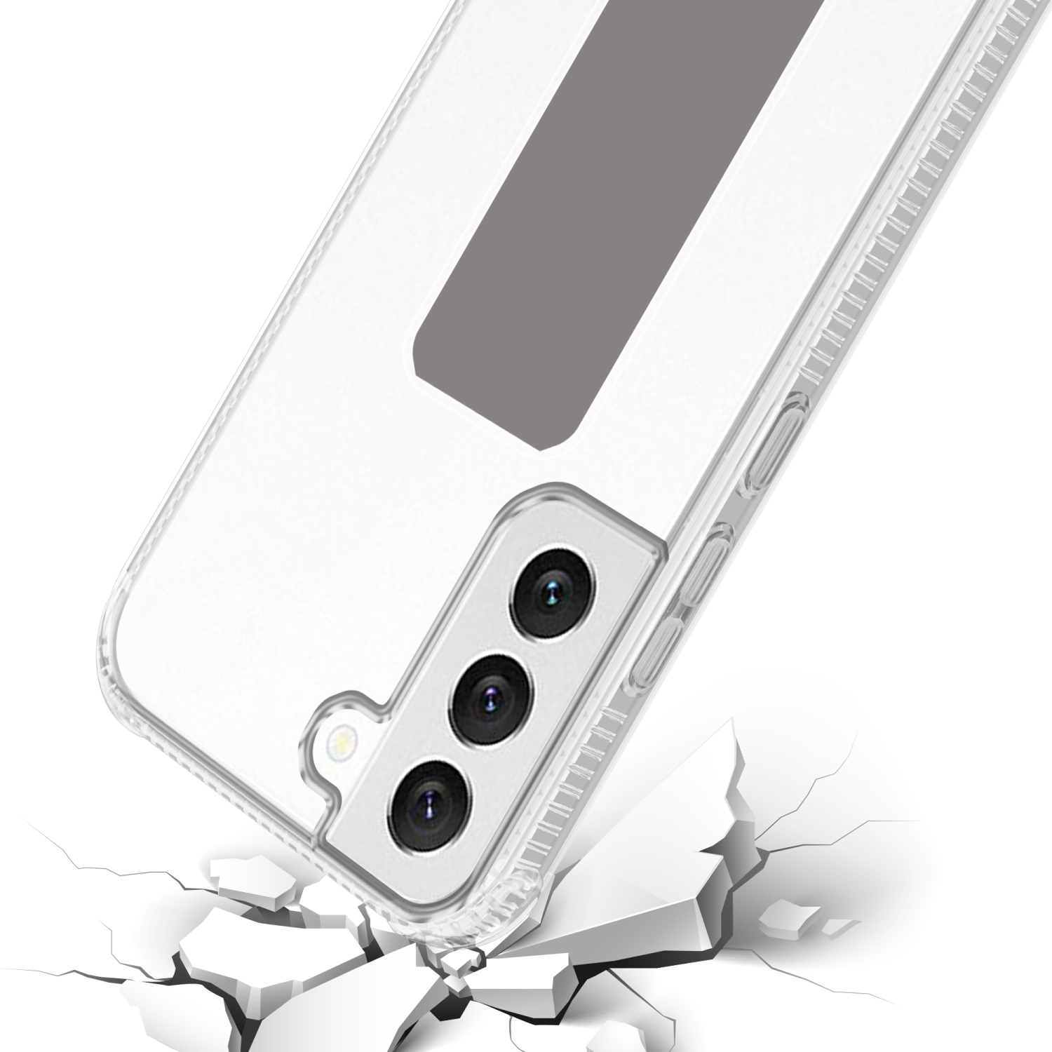 Transparente Handyhülle mit grauem Griff. Die Handyhülle ist leicht geneigt.