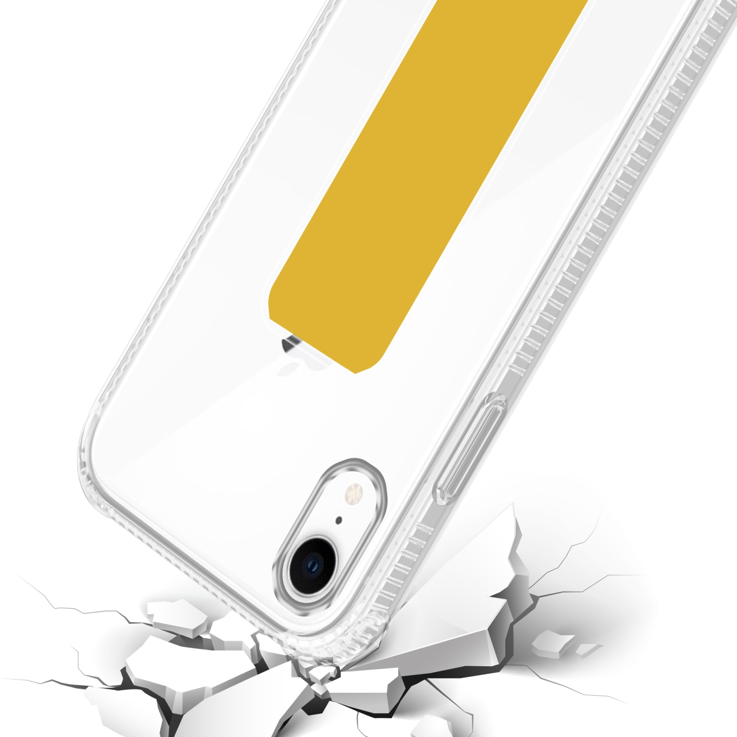 Eine transparente Handyhülle mit gelbem Streifen liegt auf weißem Untergrund mit Rissen.
