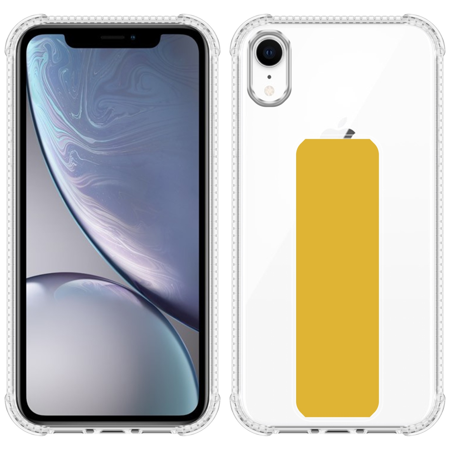 Ein Telefon, Vorder- und Rückansicht, in einer transparenten Schutzhülle. Die Rückseite hat ein gelbes Rechteck.