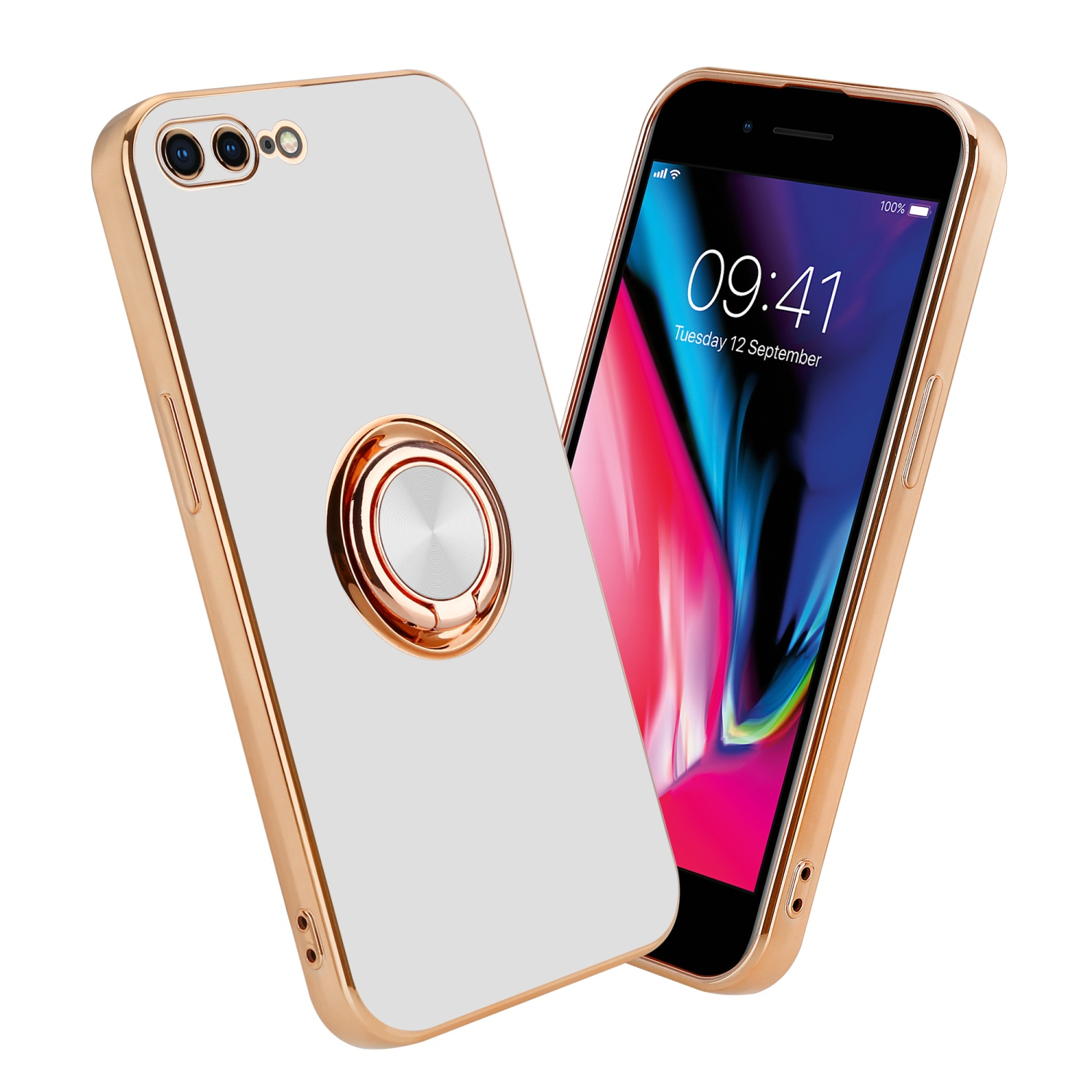Weiße Handyhülle mit goldenem Rand, goldener Ringhalter und Telefon mit Zeitanzeige.