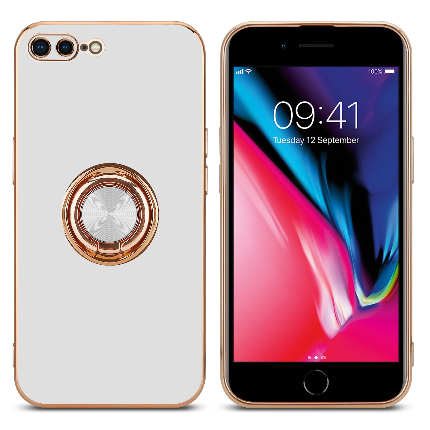 Zwei Telefone, eines zeigt den Bildschirm, das andere die Rückseite und einen Ring.