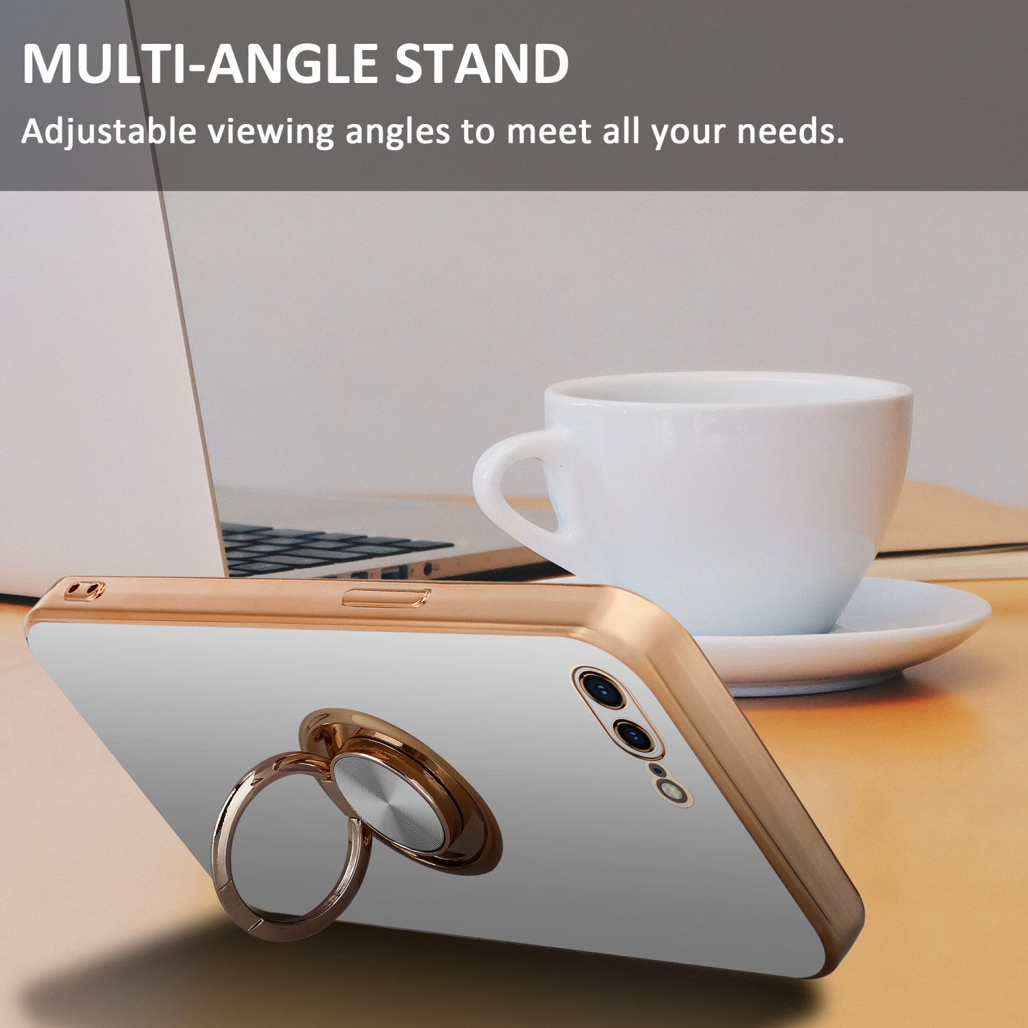 Eine Handyhülle auf einem Schreibtisch, mit Ringständer und einer Tasse und Laptop im Hintergrund.