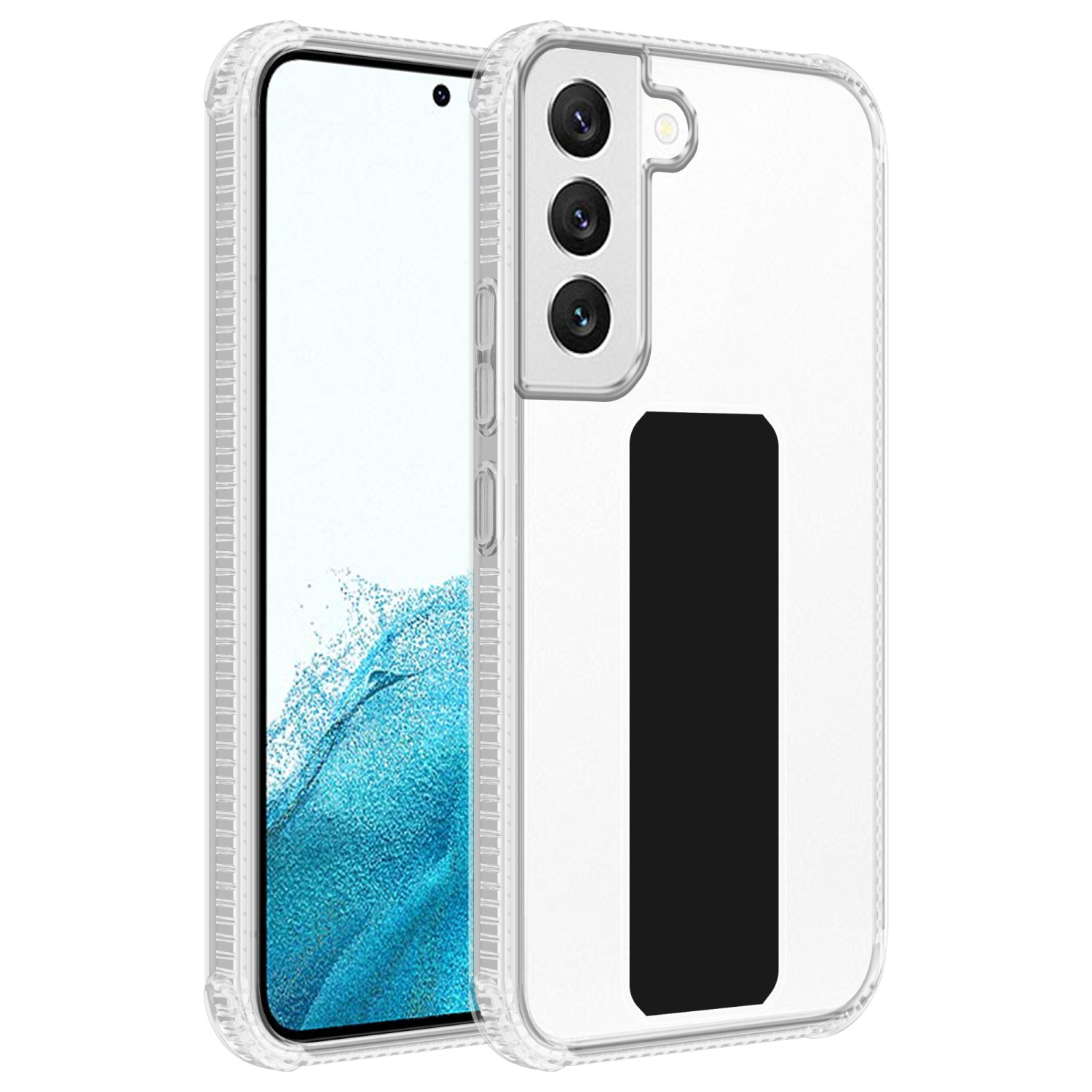 Transparente Handyhülle mit einem schwarzen Rechteck auf der Rückseite, auf einem Telefon.