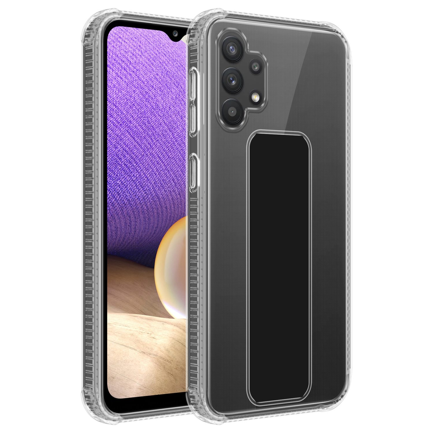 Transparente Handyhülle mit schwarzem Ständer. Die Hülle ist transparent. Das Telefon hat einen dunklen Bildschirm.