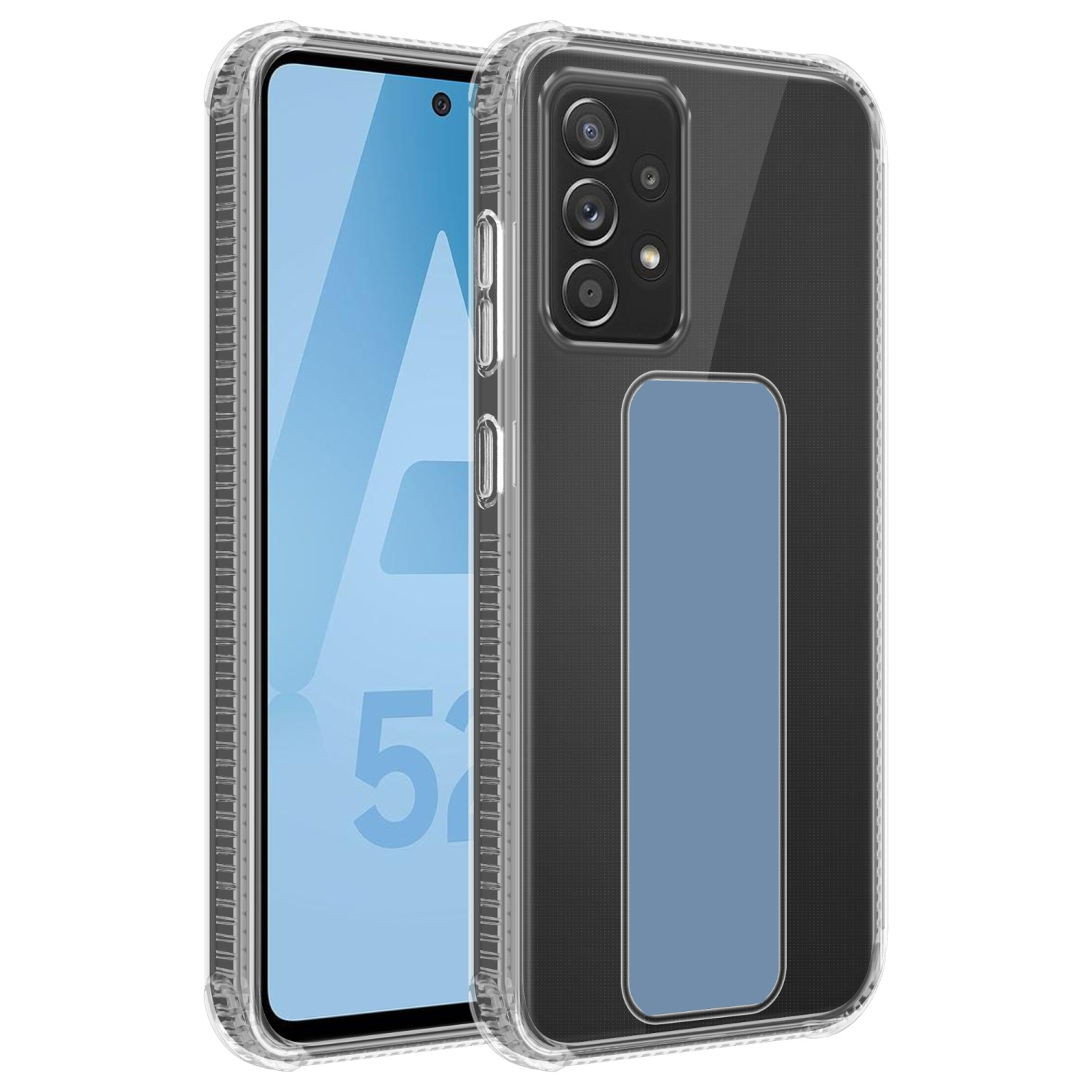 Transparente Handyhülle mit Handy links und blauem Rechteck in der Mitte.