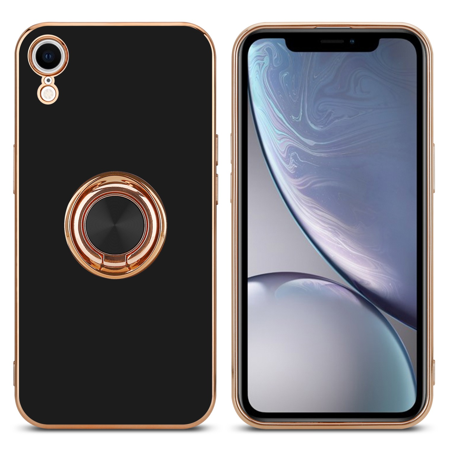 Zwei Telefone: eins schwarz mit goldenem Ring, das andere zeigt den Bildschirm. Beide nebeneinander.