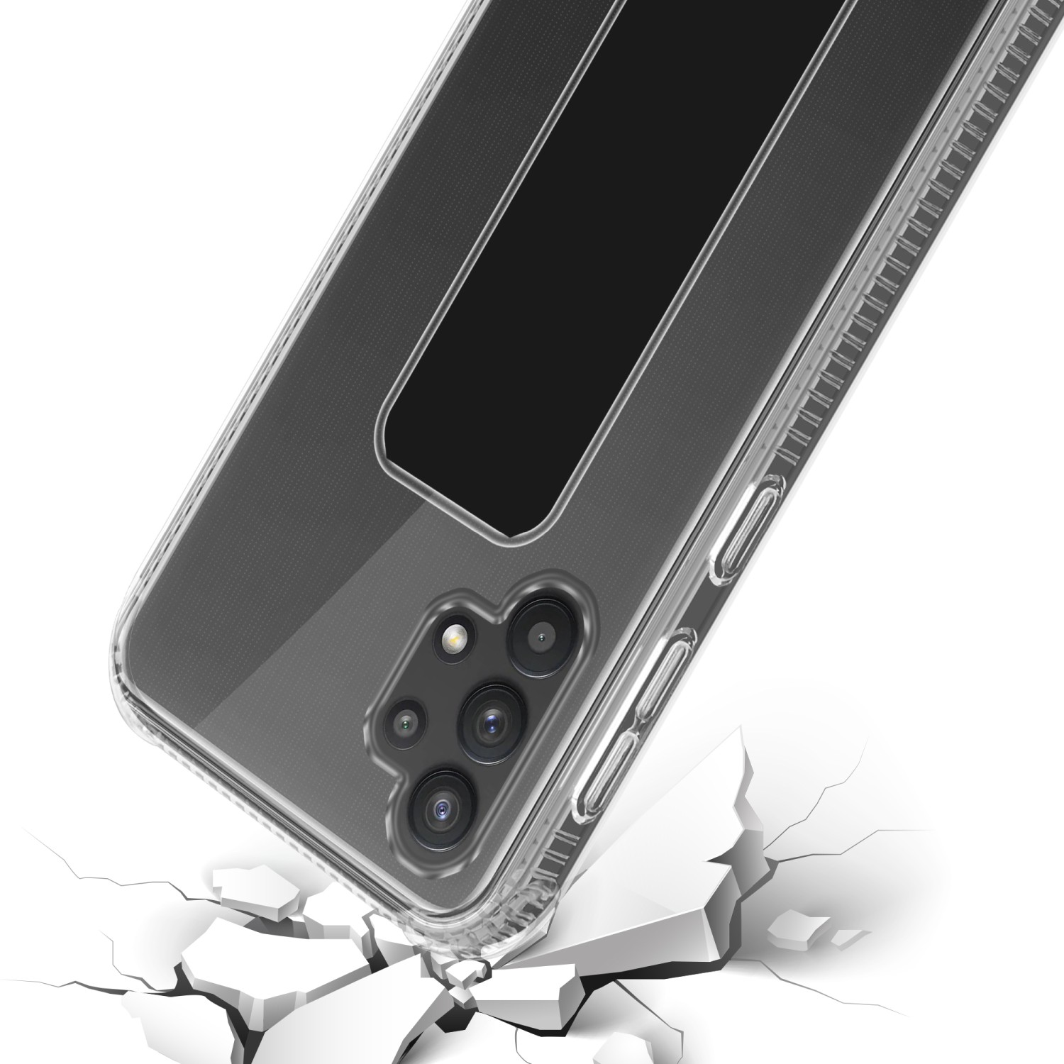 Transparente Handyhülle mit schwarzem Ständer, angewinkelt. Telefon mit Ständer liegt am Boden.