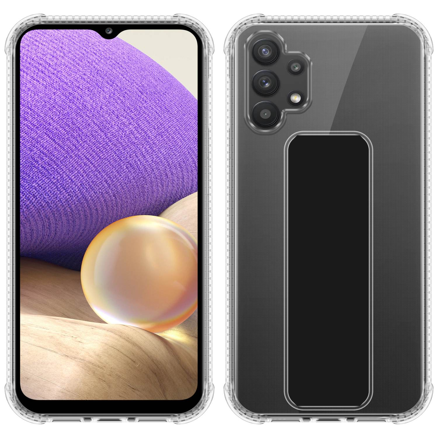 Handyhülle mit Vorder- und Rückseite des Telefons. Telefon hat transparente Hülle mit Ständer. Lila Telefon.