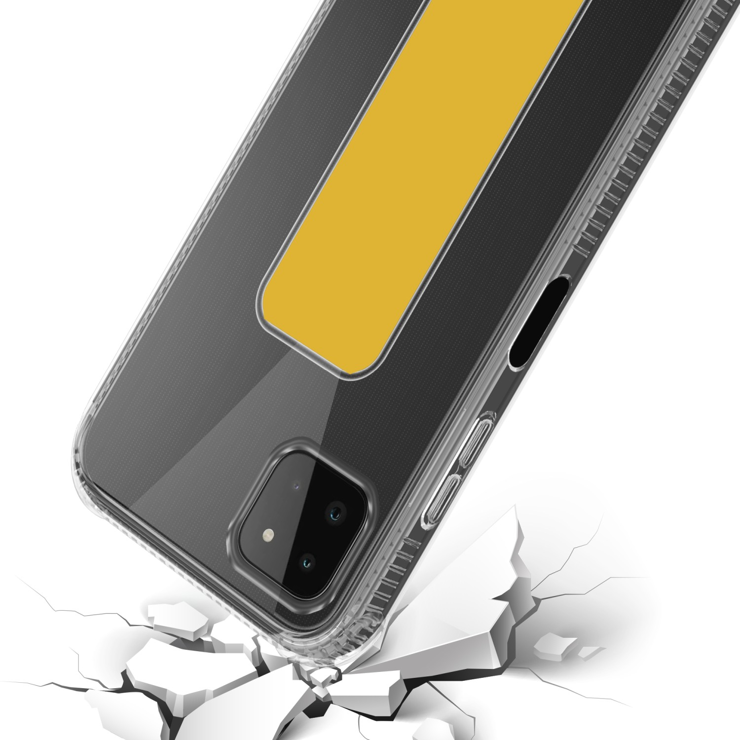Eine transparente Handyhülle mit gelbem Akzent, die eine zerbrochene Oberfläche auf weißem Hintergrund zeigt.