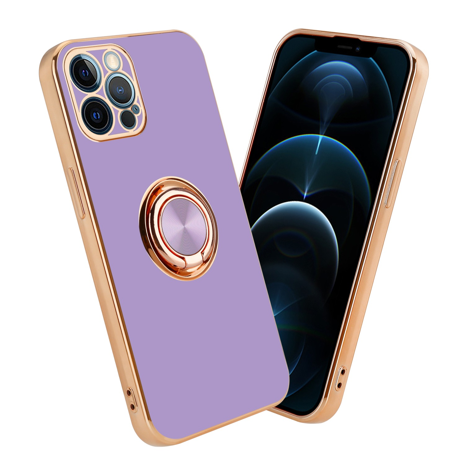 Lila Handyhülle mit goldener Zierleiste und Ring. Das Telefon rechts hat ein blaues Display.