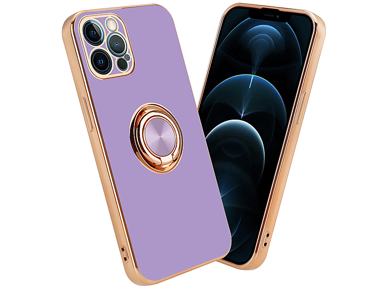 CADORABO TPU Silikon Hülle mit 12 Kameraschutz Gold Backcover, Lila Glossy Ring, und Apple, - Hell iPhone PRO