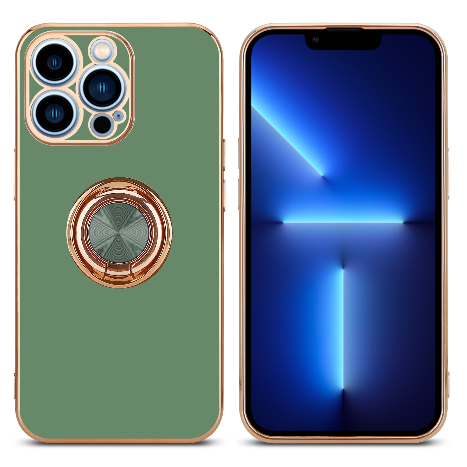 Grüne Handyhülle mit Ring. Das Telefon zeigt einen blauen Bildschirm.