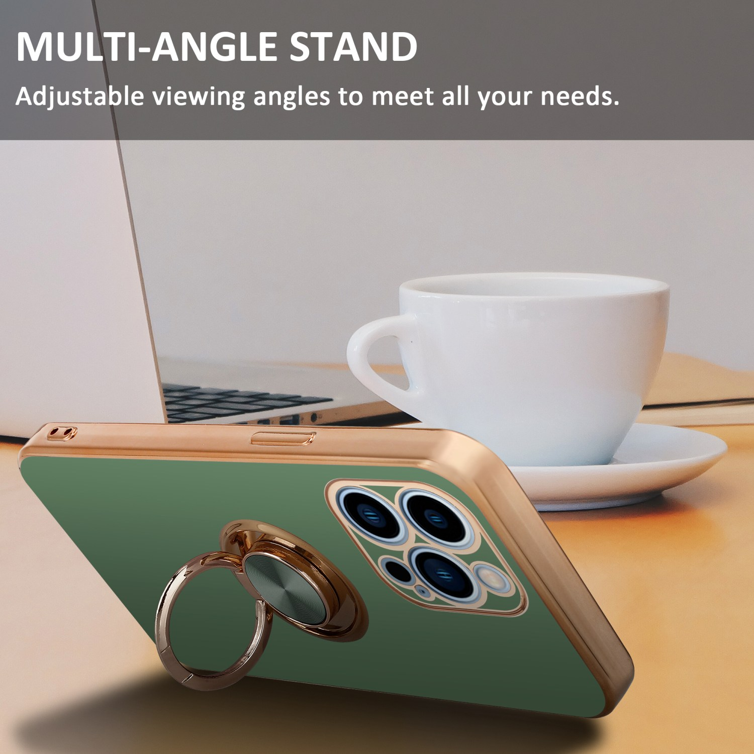 Handyhülle mit Ringhalter. Telefon liegt auf einem Tisch mit Laptop und Kaffee.