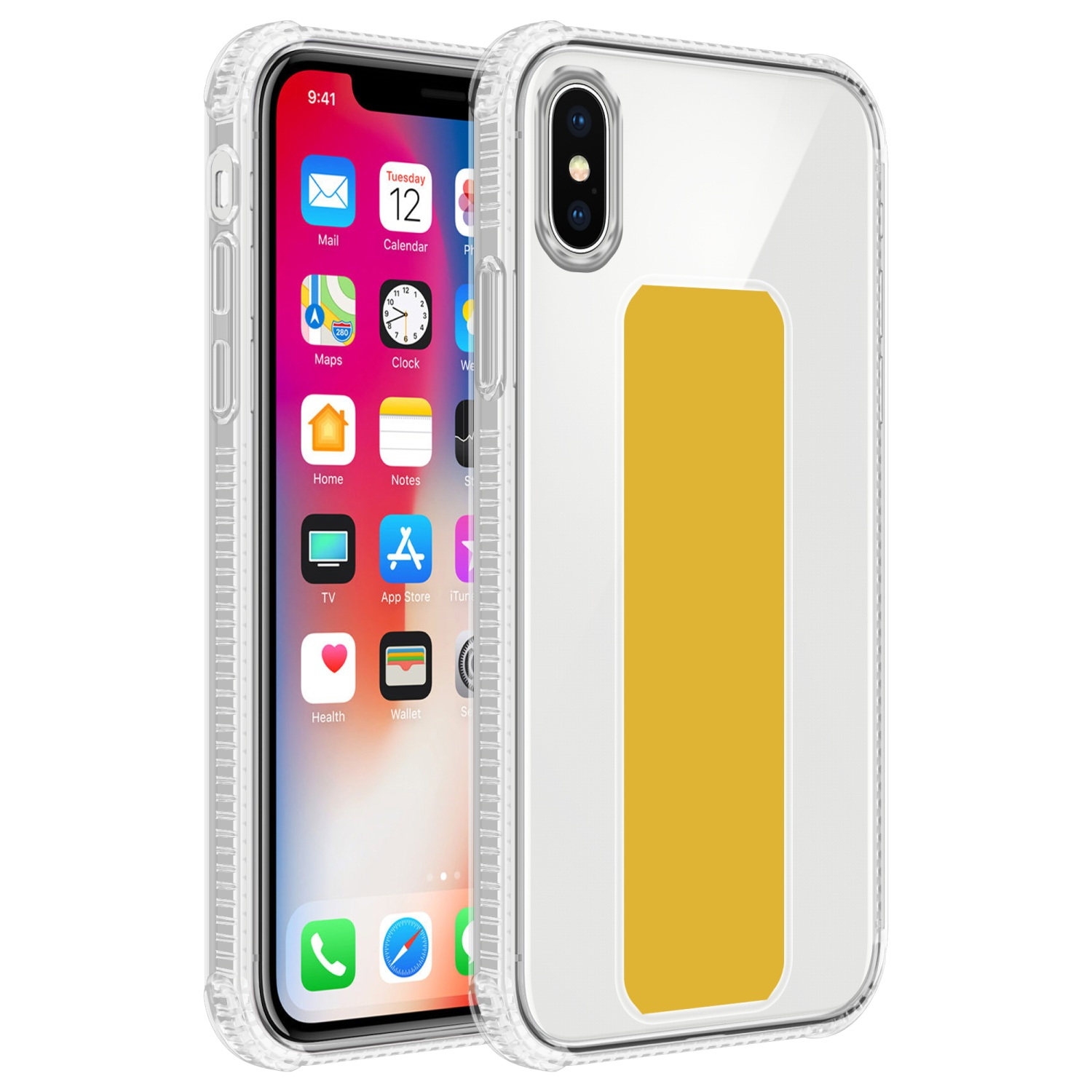 Transparente Handyhülle mit gelbem Streifen, hält ein Handy. Das Handy zeigt einen App-Bildschirm.