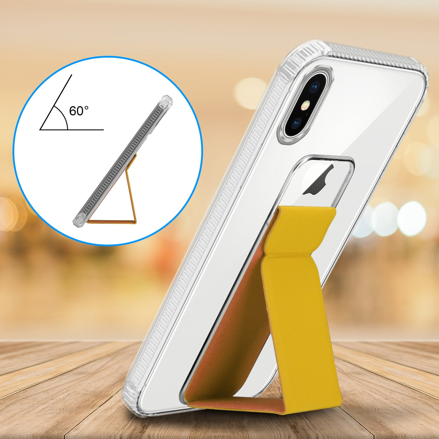 Transparente Handyhülle mit gelbem Ständer. Der Winkel beträgt 60 Grad. Das Telefon ist im Fokus.