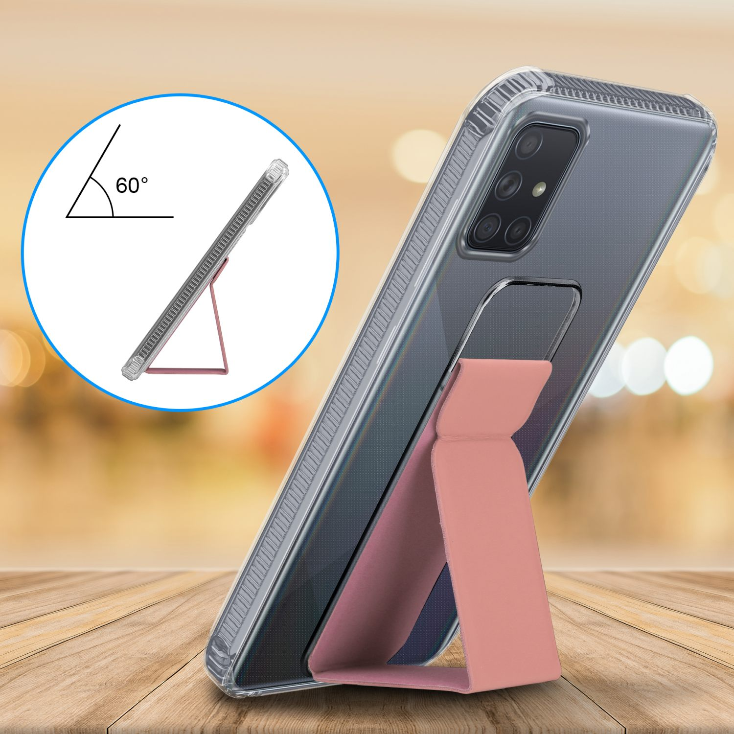 Telefon in klarer Hülle mit pinkfarbenem Ständer. Winkel von 60 Grad angezeigt.