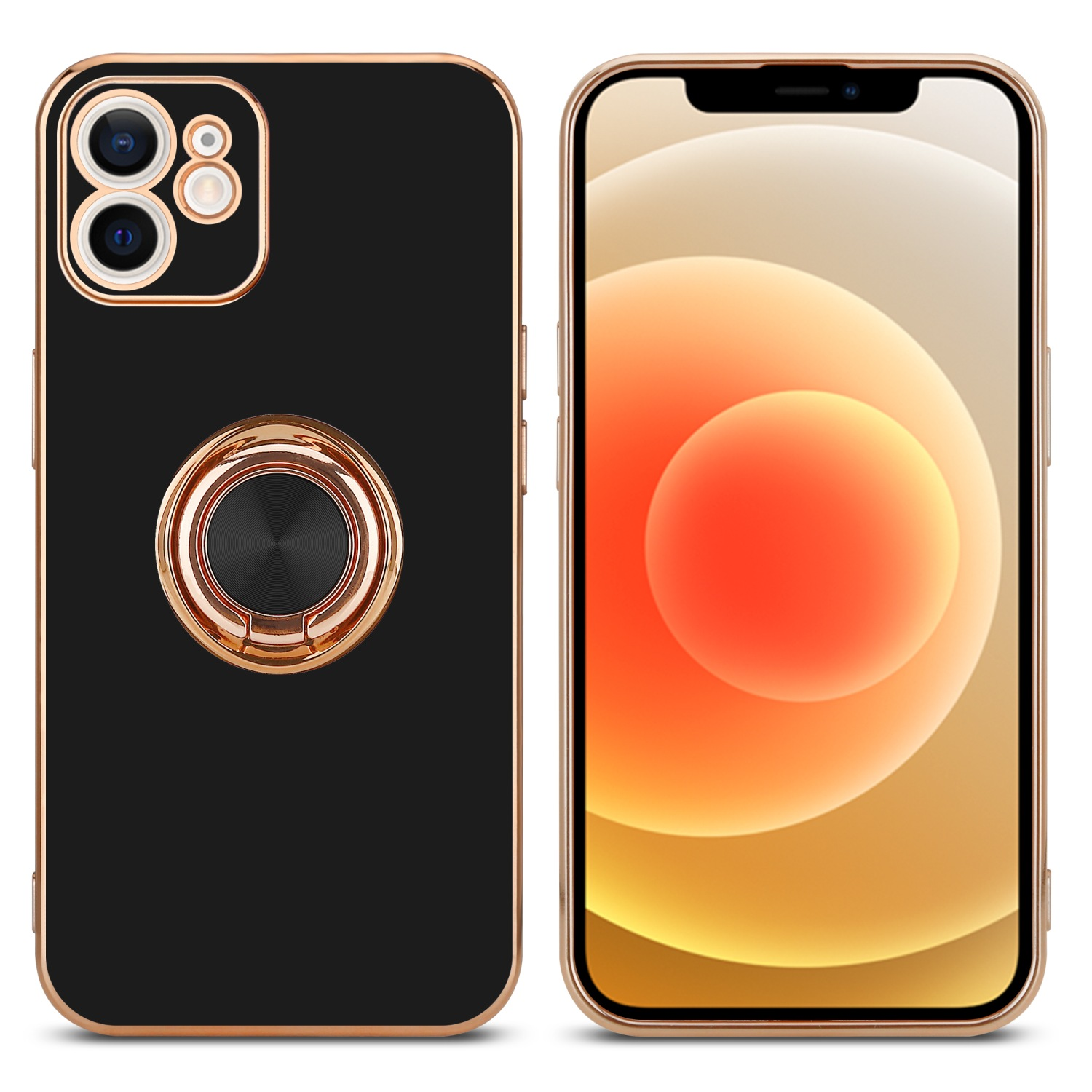 Eine schwarze Handyhülle mit goldenem Ring und Rahmen. Das Telefon rechts hat einen goldenen Rand.