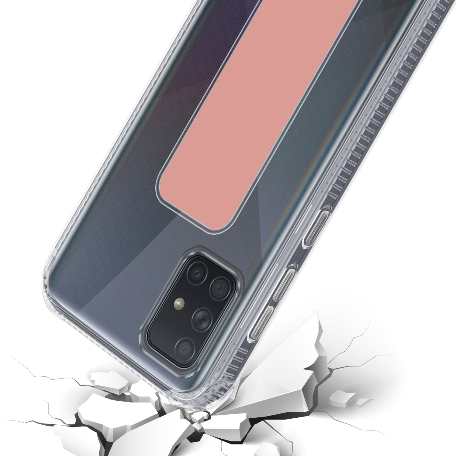 Eine Handyhülle in einer transparenten Hülle. Das Telefon wird fallen gelassen, darunter eine rissige Oberfläche.