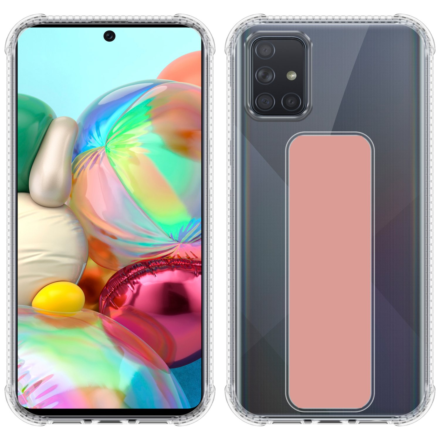 Transparente Handyhülle, Vorder- und Rückansicht. Das Telefon zeigt ein farbenfrohes Bild.