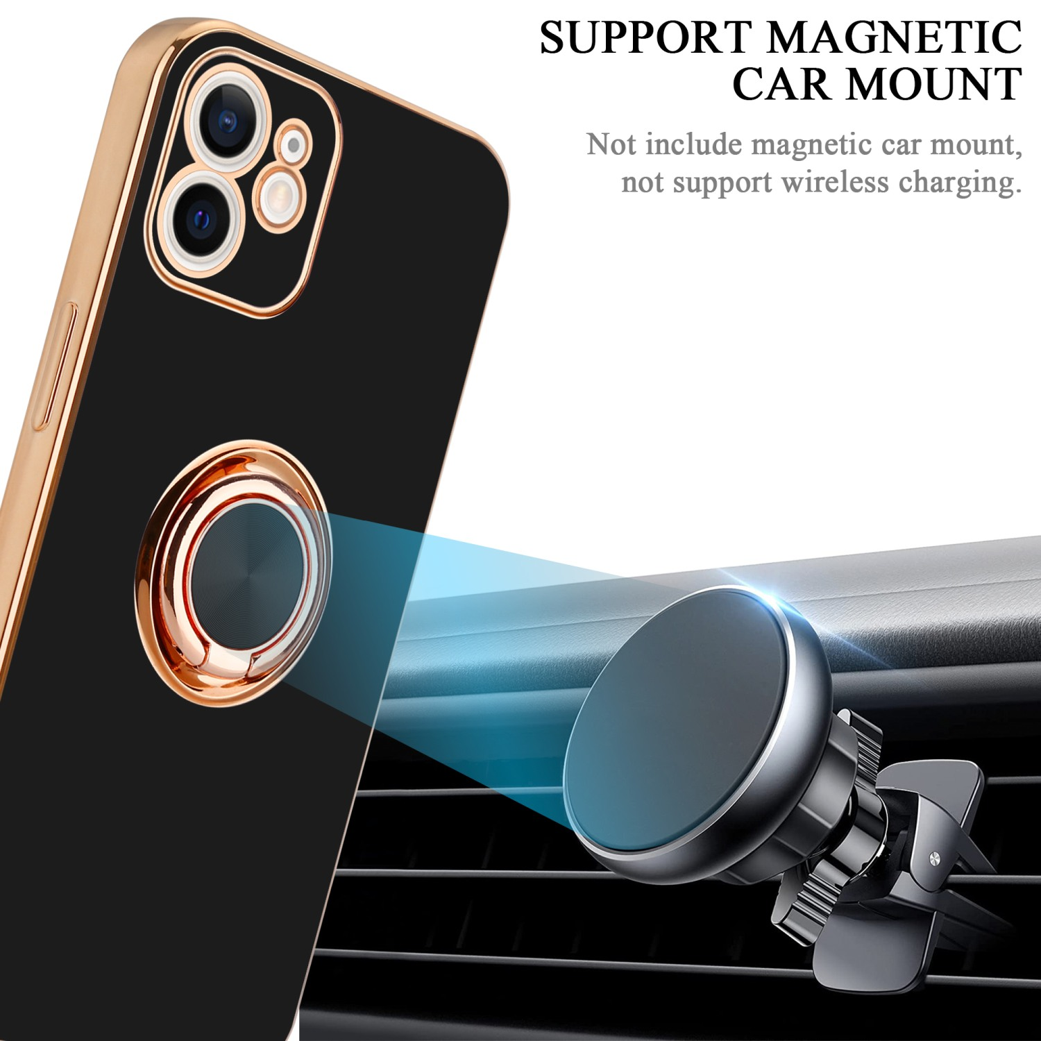 Schwarzes Telefon mit goldenem Ringhalter und Autohalterung. Lüftungsschlitz im Hintergrund. Text: 'Unterstützt magnetische Autohalterung'.
