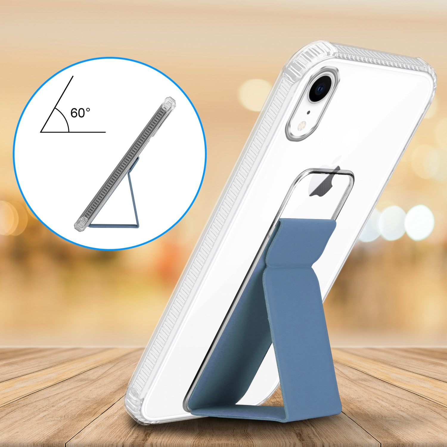 Ein Telefon in einer transparenten Hülle mit einem blauen Ständer. Der Ständer ist auf einem Holztisch angewinkelt.