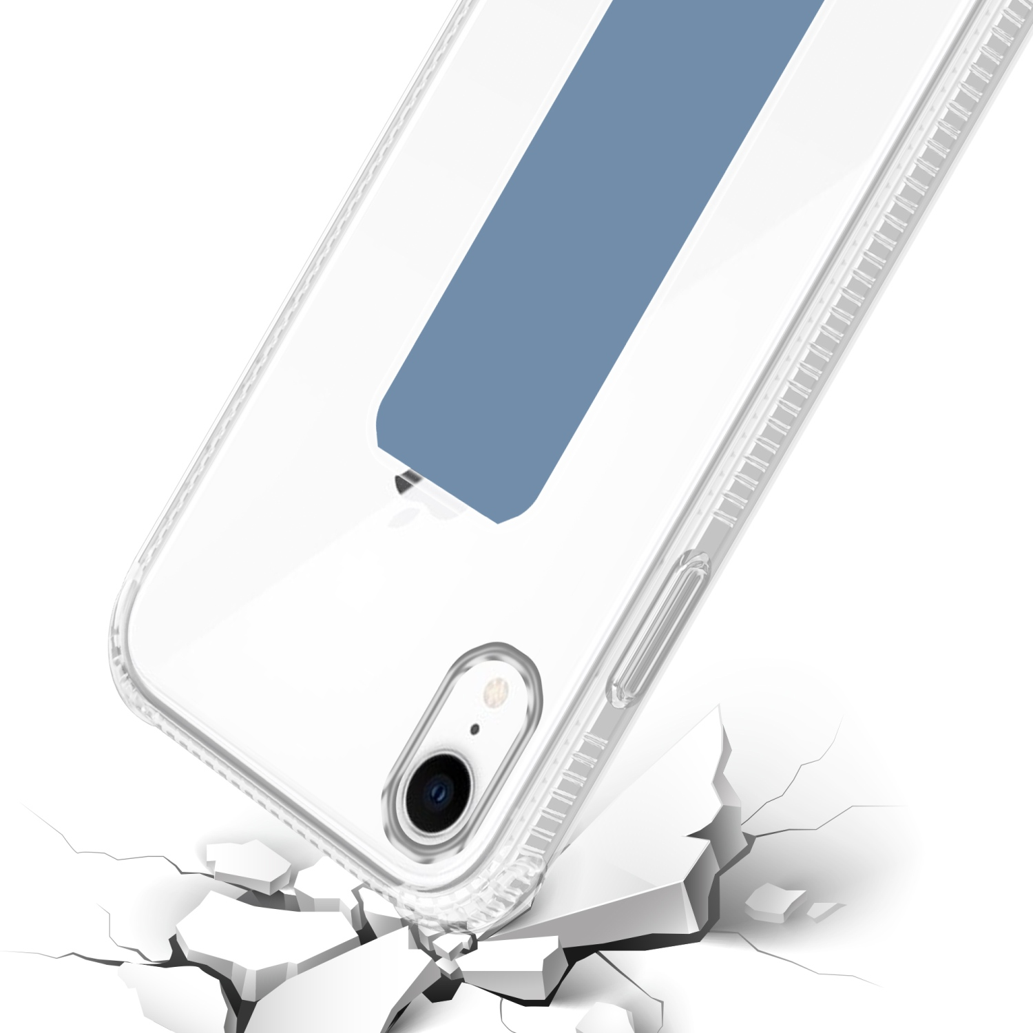 Transparente Handyhülle auf weißer Oberfläche. Die Hülle ist gerissen, mit einem blauen Streifen.