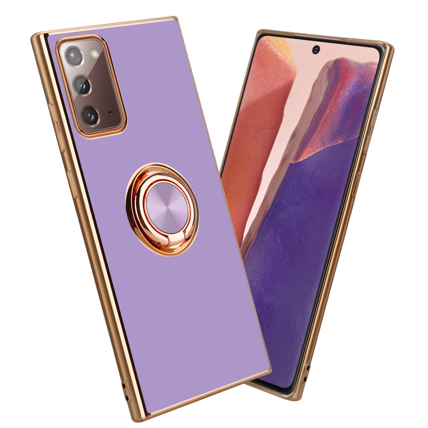 Custodia viola per telefono con finiture dorate, anello e telefono con sfondo.