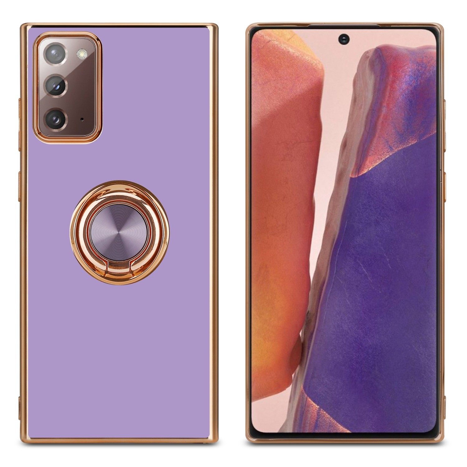 Due custodie per telefono con un telefono a destra. Una ha un anello dorato. Entrambe su sfondo bianco.