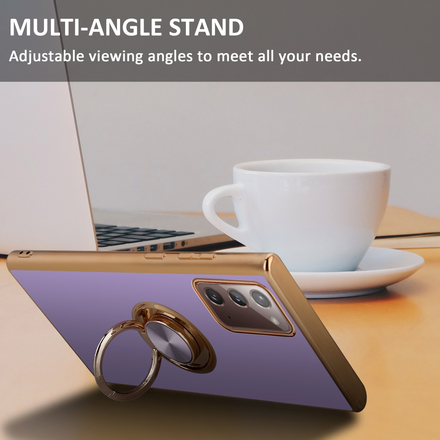 Custodia per telefono con supporto, tazza di caffè e laptop. Testo: Supporto multi-angolo.