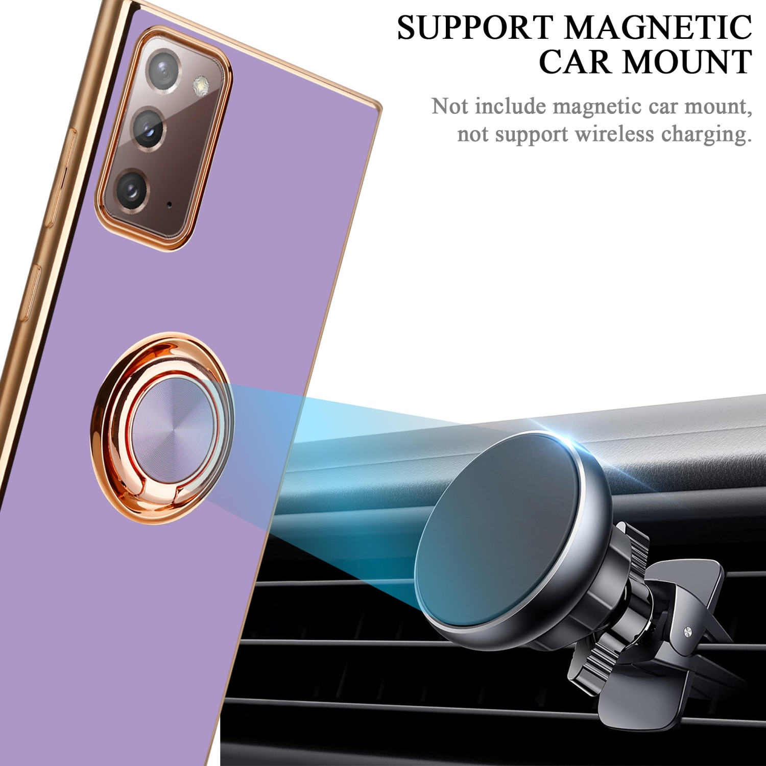 Custodia per telefono viola con supporto per auto. Dispositivo di montaggio per auto argentato.