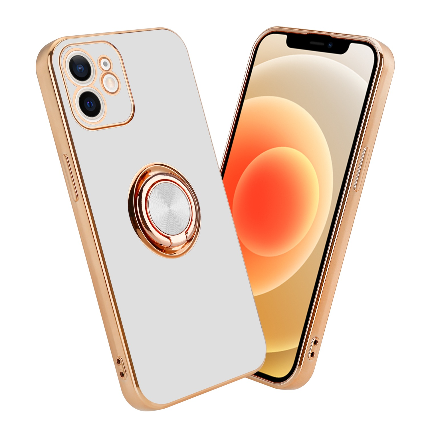 Weiße Handyhülle mit goldenem Rand, goldener Ringhalter und Handy mit weißem Hintergrund.