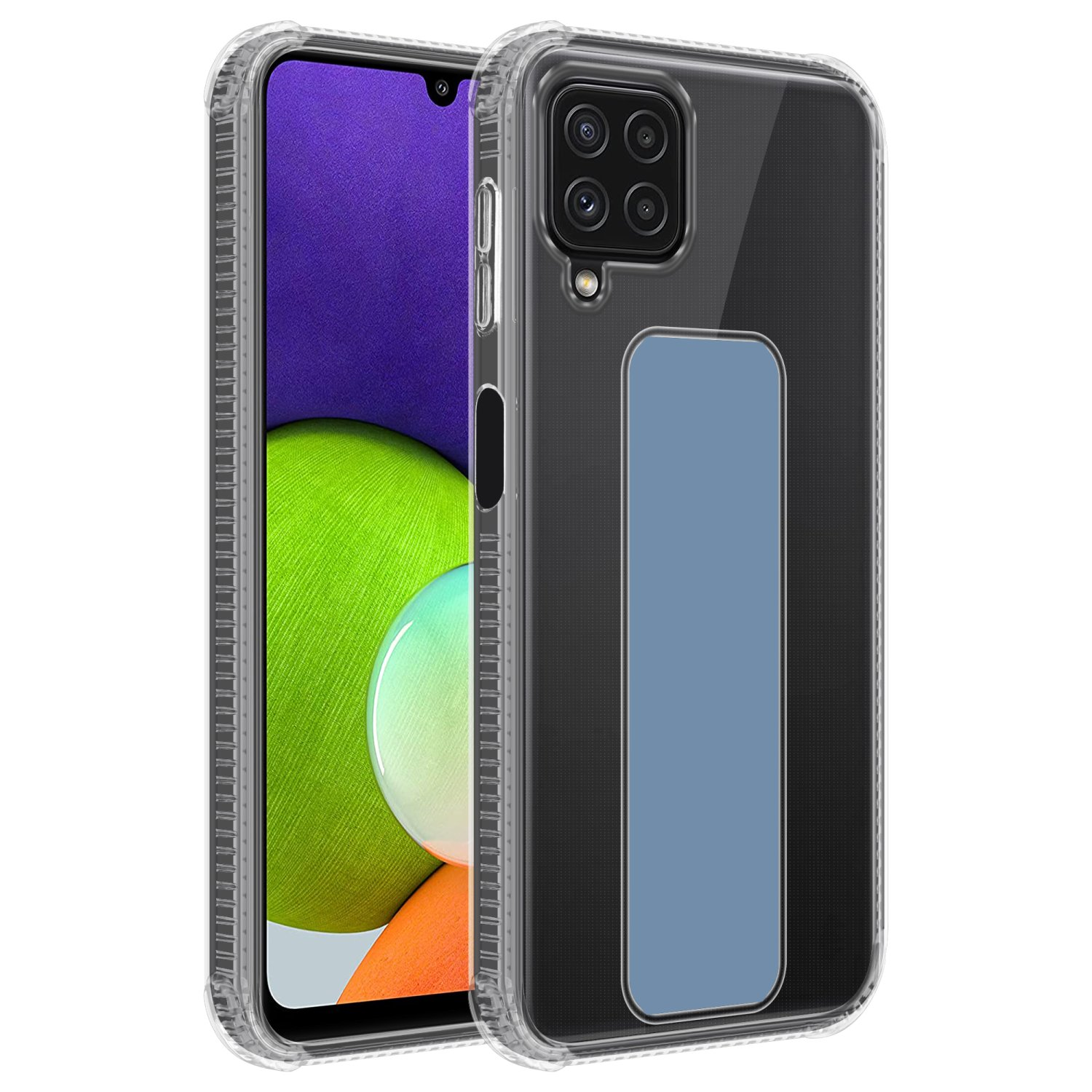Transparente Handyhülle mit blauem Ständer. Das Telefon zeigt Lila und Grün.