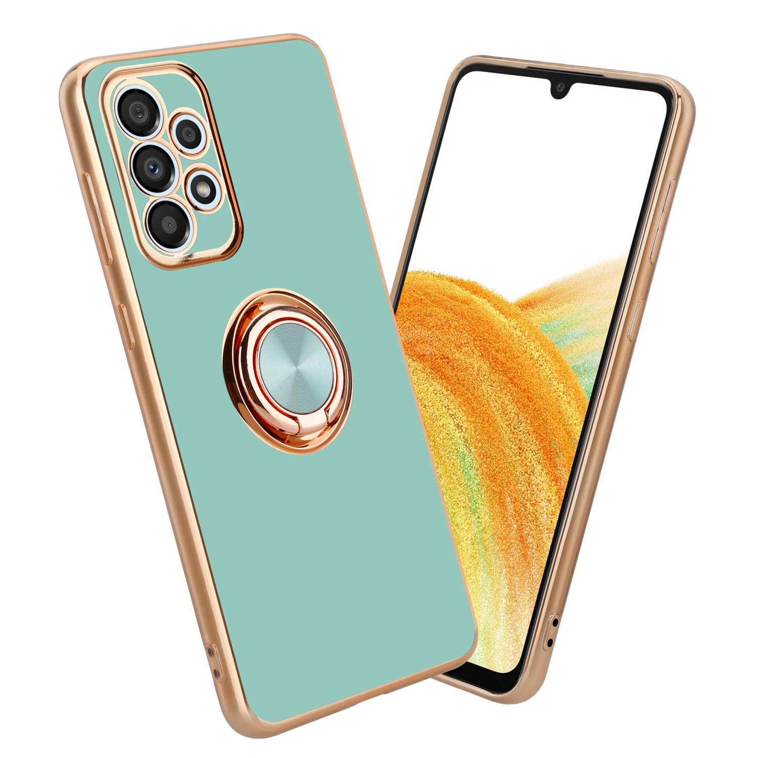 Custodia per telefono verde menta con finiture dorate e un supporto ad anello. Il telefono è visualizzato a destra.