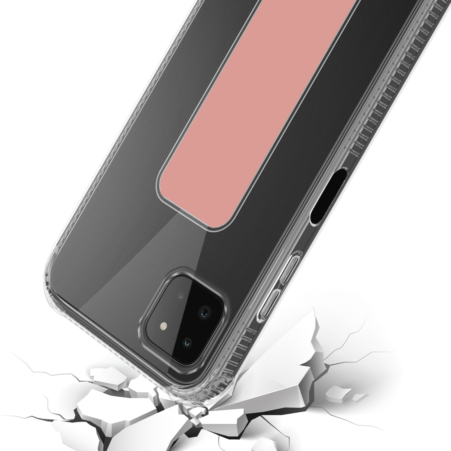 Telefon in klarer Hülle mit Riemen, liegt auf zerbrochener Oberfläche. Weißer Hintergrund.