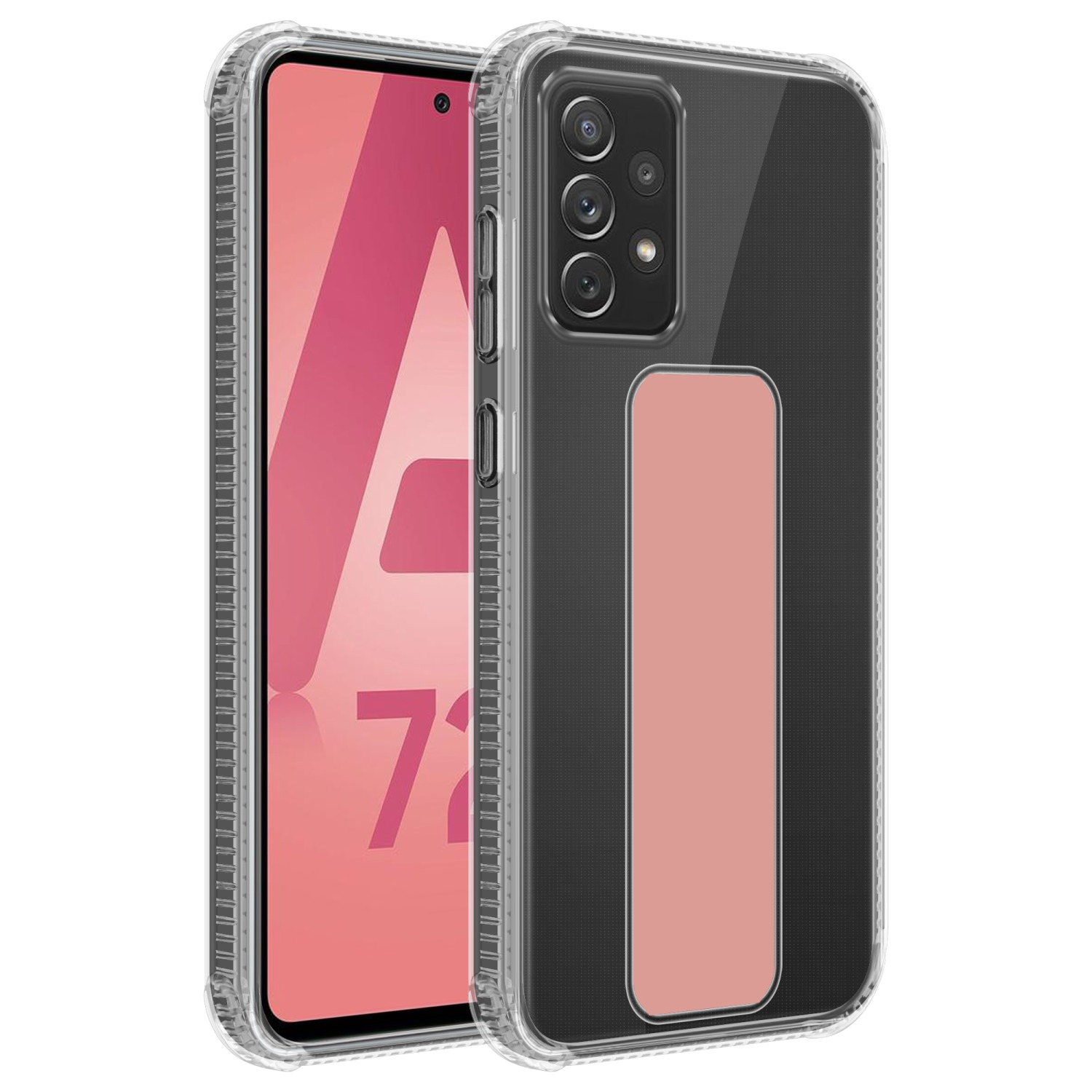 Transparente Handyhülle mit schwarzem Telefon. Die Hülle hat einen rosa Griff. Der Bildschirm zeigt ein rosa Bild.
