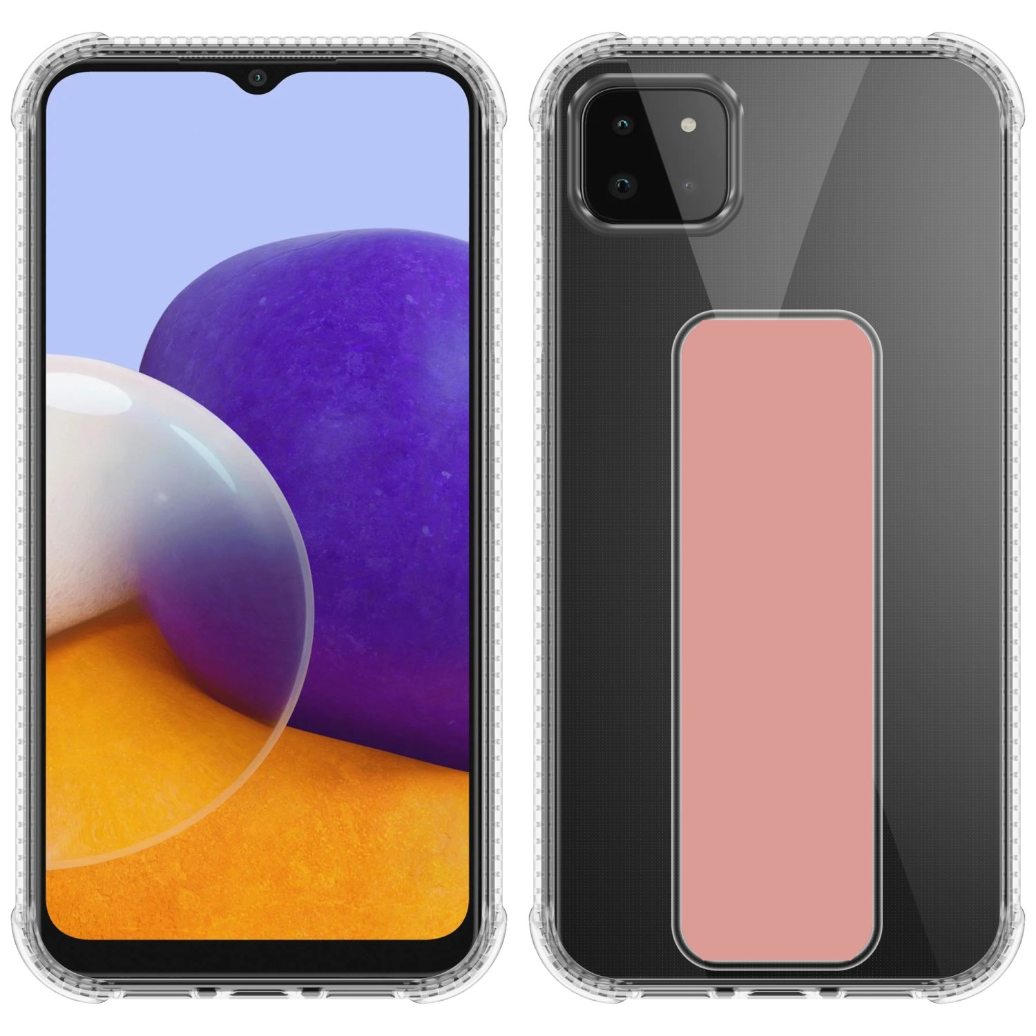 Telefon in klarer Hülle mit pinkfarbenem Griff. Der Bildschirm zeigt einen lila und orangefarbenen Hintergrund.