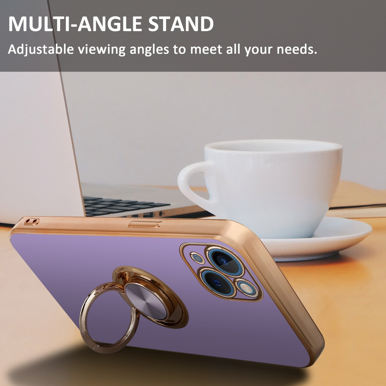 Lila Handyhülle mit Ringständer. Telefon auf einem Schreibtisch mit Laptop und Kaffeetasse. Multi-Winkel-Ständer.