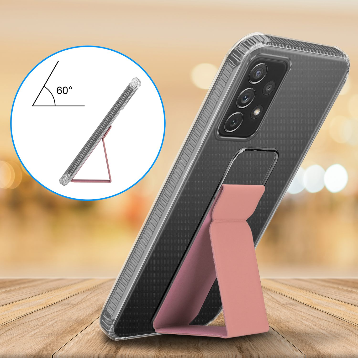 Telefon in klarer Hülle auf Holztisch, rosa Ständer mit 60°-Winkel.