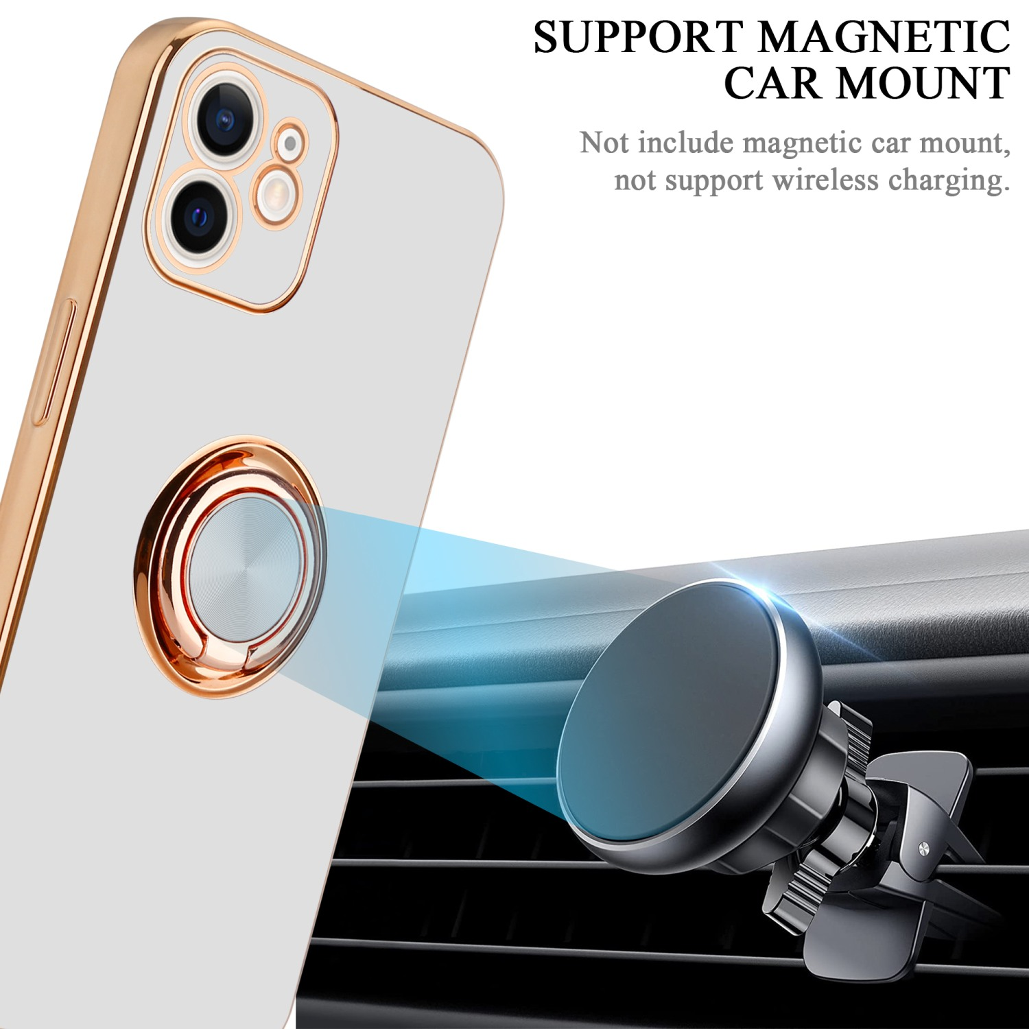 Handyhülle mit Ring, neben Lüftung und magnetischer Autohalterung.
