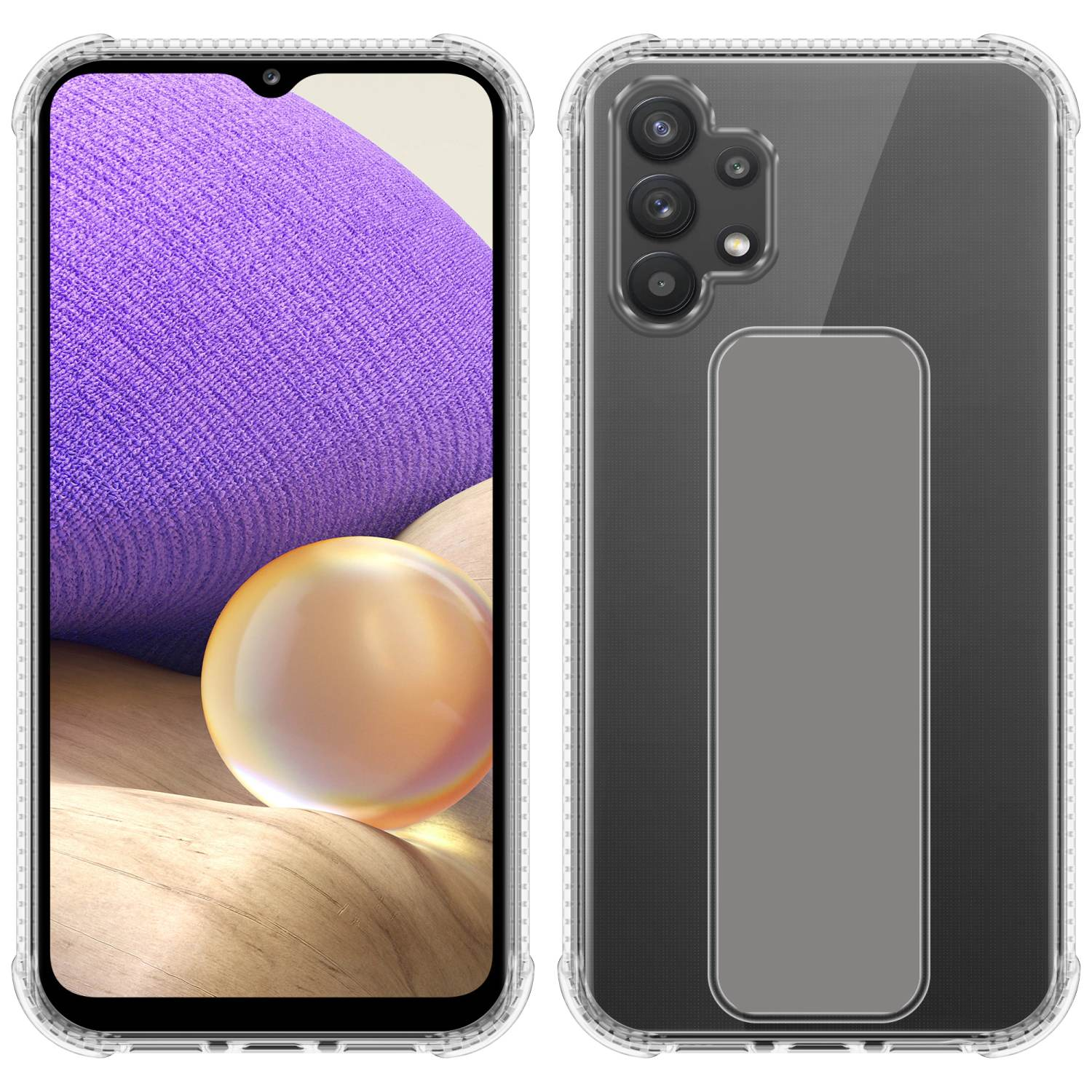 Telefonhüllen, zwei Ansichten. Eine transparente Hülle, die Telefon und Bildschirm zeigt, die andere die Rückseite.