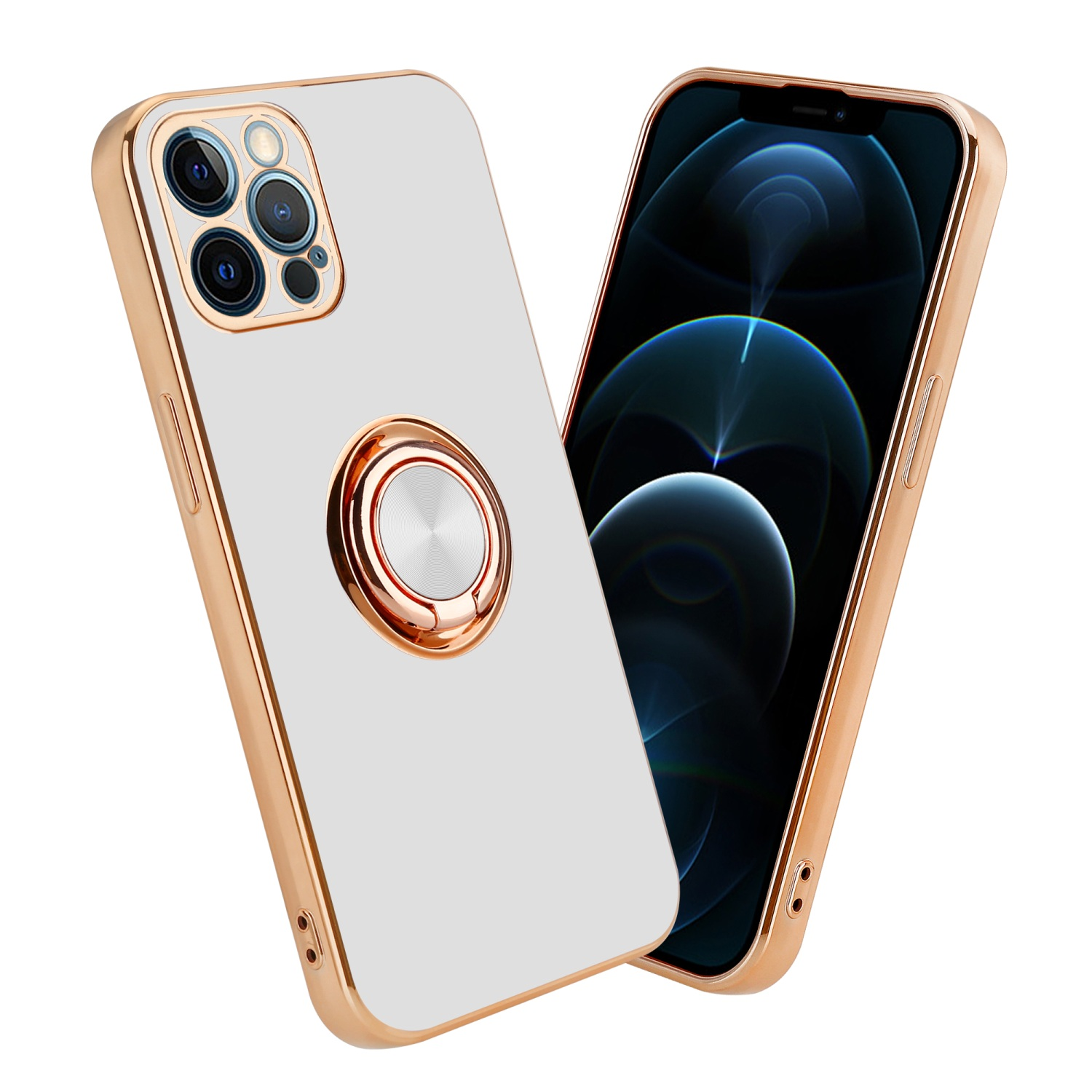 Weiße Handyhülle mit Goldrand und Ringhalter neben einem Telefon mit Display.