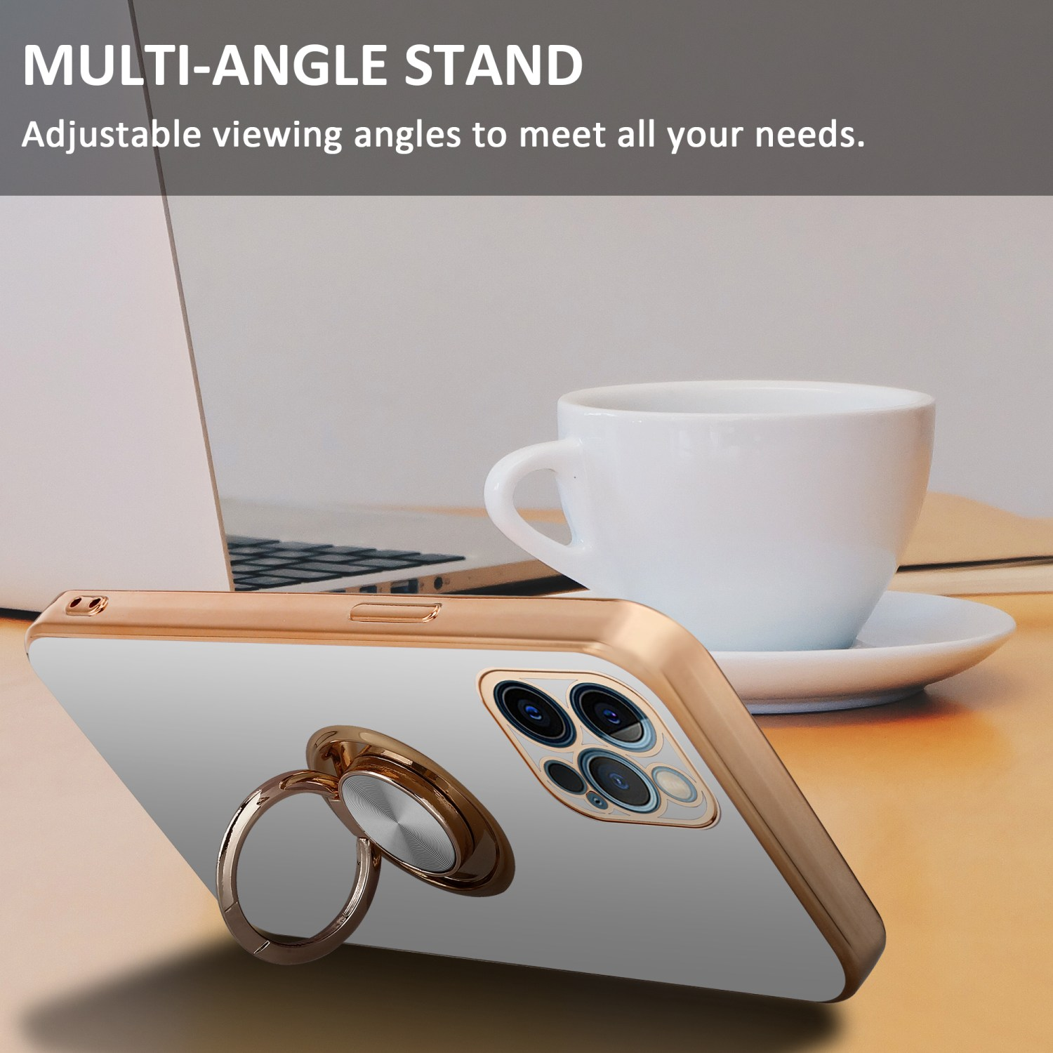 Handyhülle mit Ringständer auf einem Schreibtisch, mit Laptop und Kaffeetasse im Hintergrund.