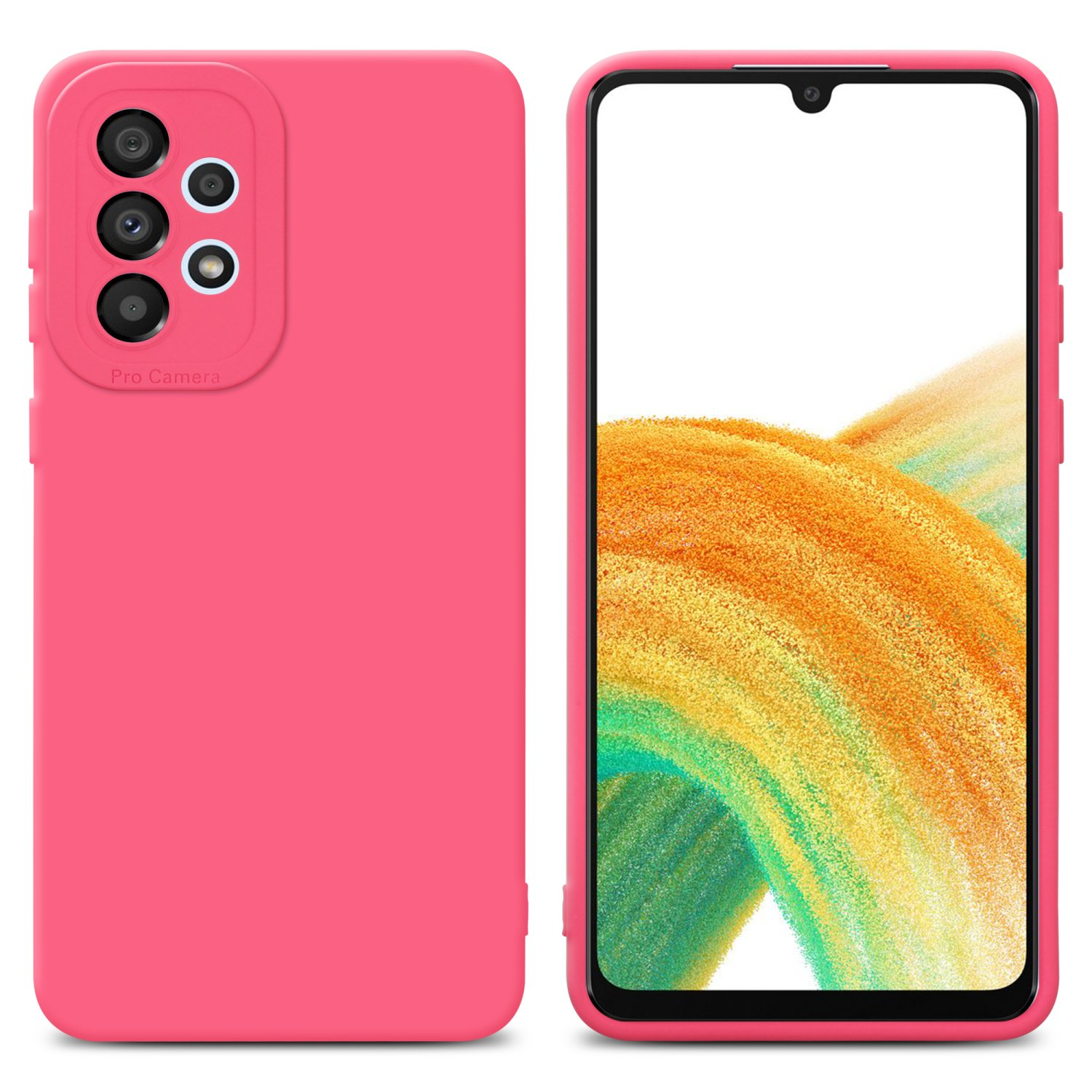 Una custodia rosa per telefono con un telefono. Lo schermo mostra un motivo colorato. Lo sfondo è bianco.