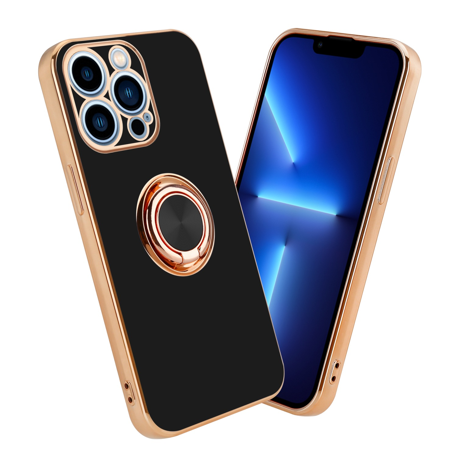 Schwarz-goldene Handyhülle mit Ringhalter. Telefon zeigt blauen Bildschirm.